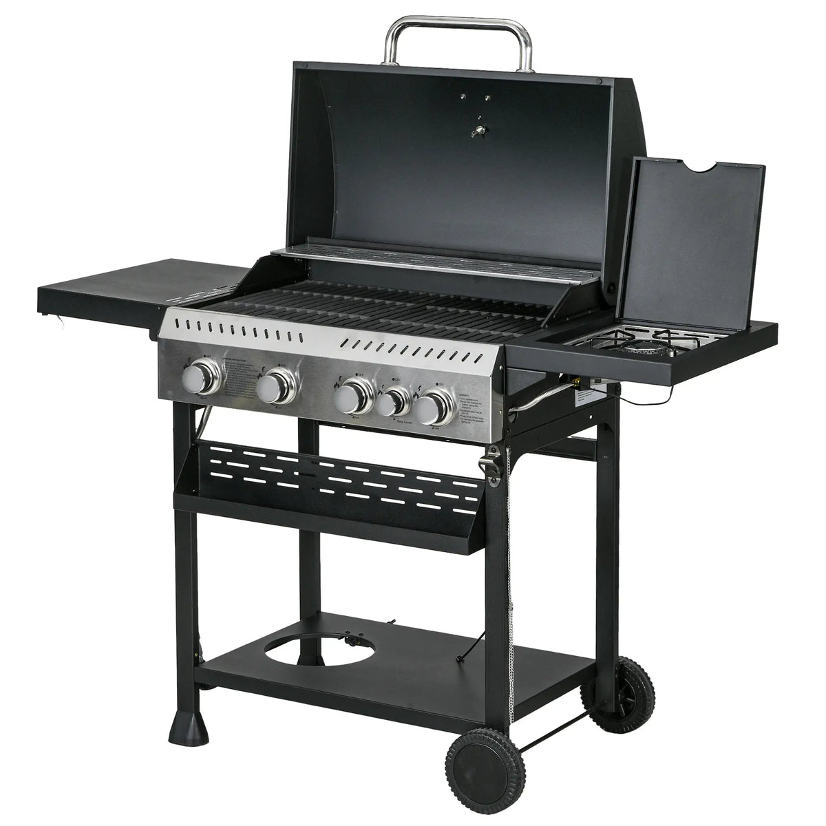 Chariot barbecue à gaz propane 40 000 BTU avec 4 brûleurs principaux, 1 brûleur latéral, grille de maintien au chaud et tablettes latérales, noir