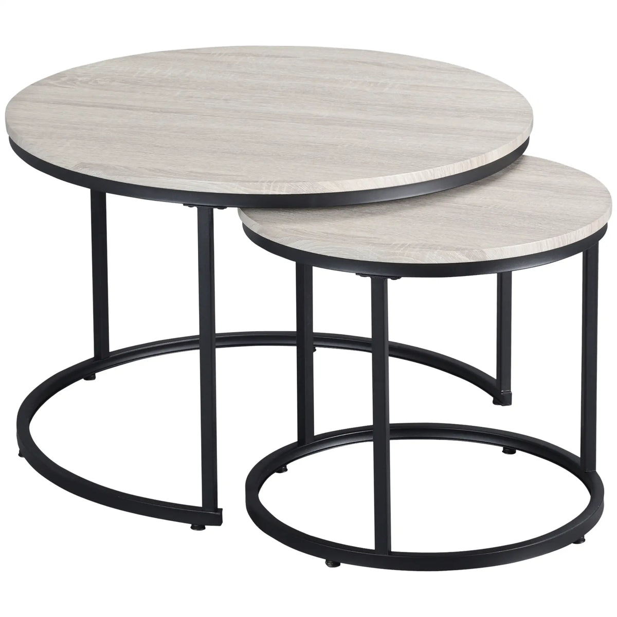 Ensemble de 2 tables basses gigognes, table basse ronde avec structure en métal, tables de salon, aspect bois gris