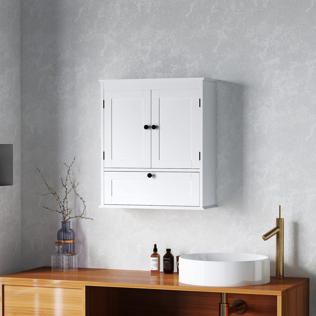 Armoire à pharmacie avec étagère réglable, armoire murale de salle de bain avec panneaux encastrés, blanche