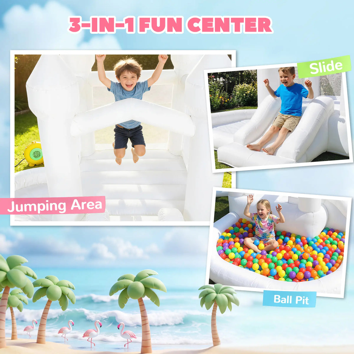 Château gonflable pour enfants, structure gonflable 3 en 1 blanche avec toboggan, piscine à balles et souffleur 370 W, blanc