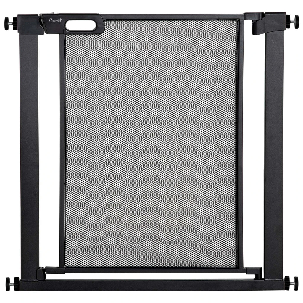 Barrière pour animaux de compagnie en métal, 75-82 cm, avec porte à fermeture automatique et double verrouillage. Idéale pour les portes, les escaliers et les couloirs. Usage intérieur/extérieur. Couleur : noir.