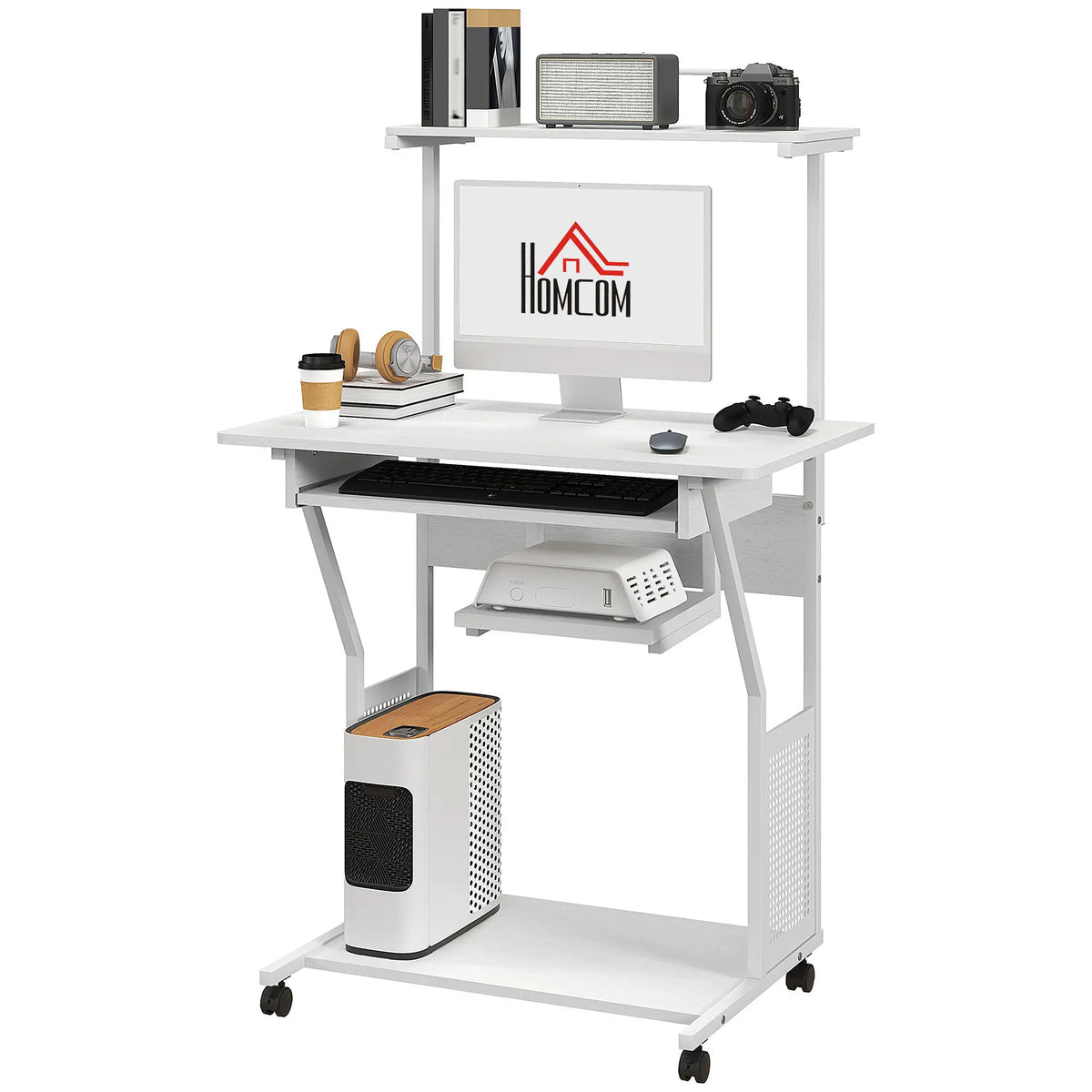 Table d'ordinateur mobile 32", bureau à roulettes pour bureau à domicile avec plateau pour clavier, étagères de rangement, roulettes, blanche
