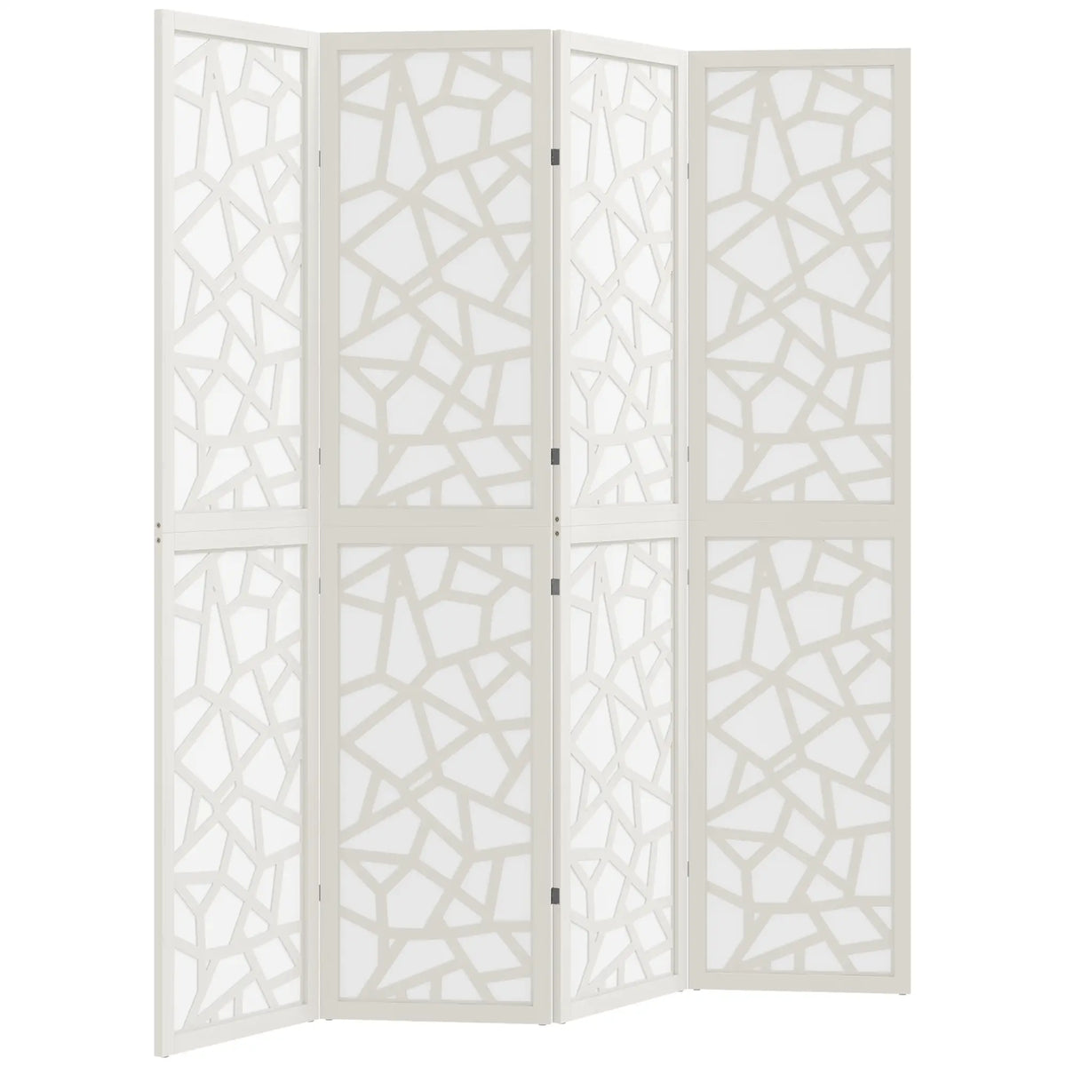 Paravent à 4 panneaux, 1,70 m, pliable et léger, motif géométrique, blanc, idéal pour le salon et la chambre.