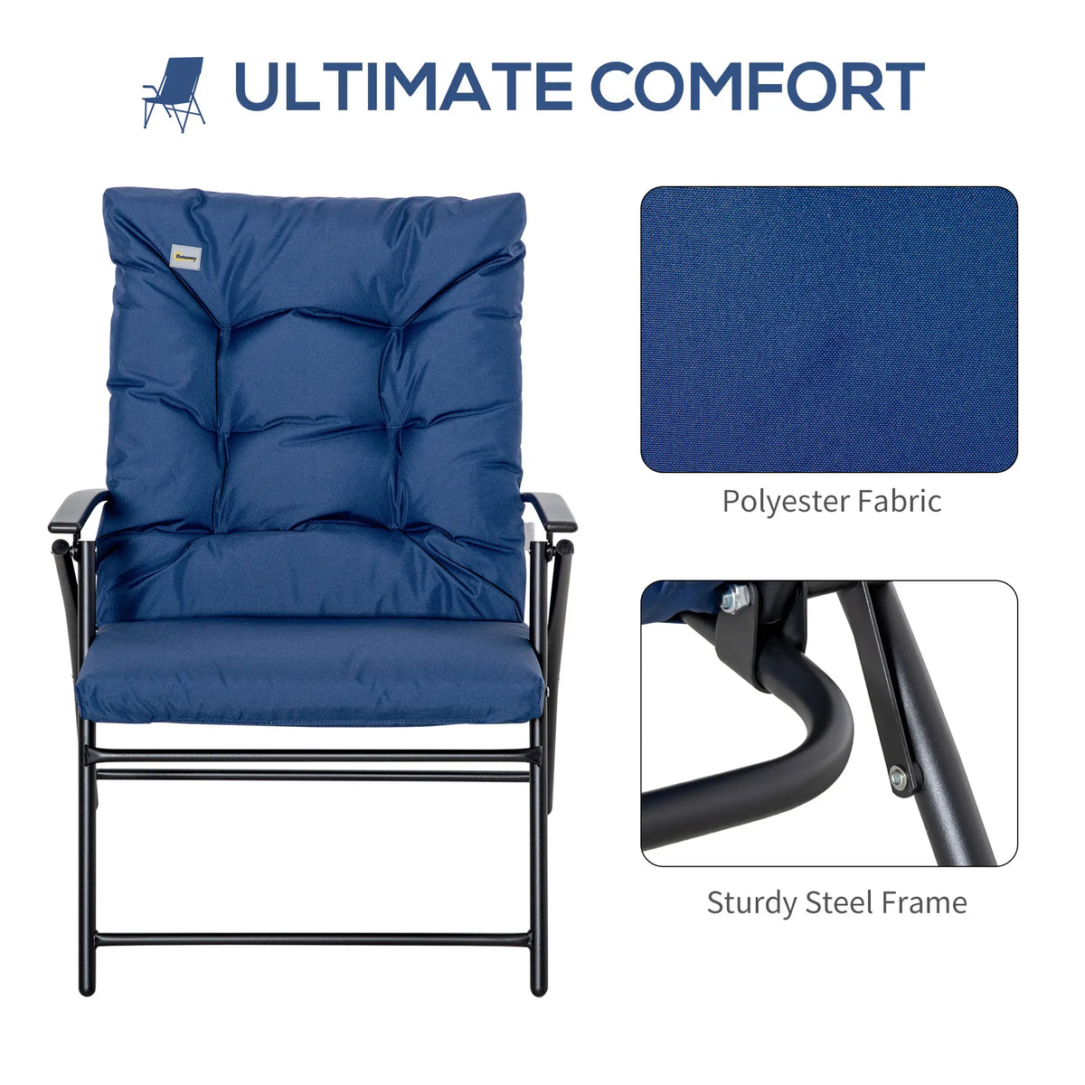 Fauteuil de jardin pliable, inclinable et revêtu de tissu, avec accoudoirs et structure en métal, bleu.