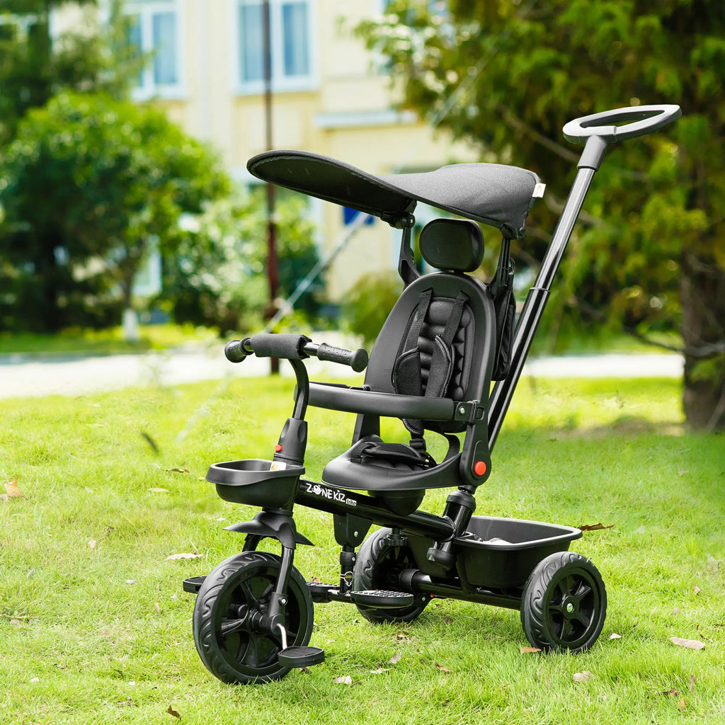 Tricycle 5 en 1 pour enfants de 1 à 5 ans : transforme la poussette en vélo, dossier réglable, capote plate, barre de sécurité et poignée amovibles. Couleur : noir.