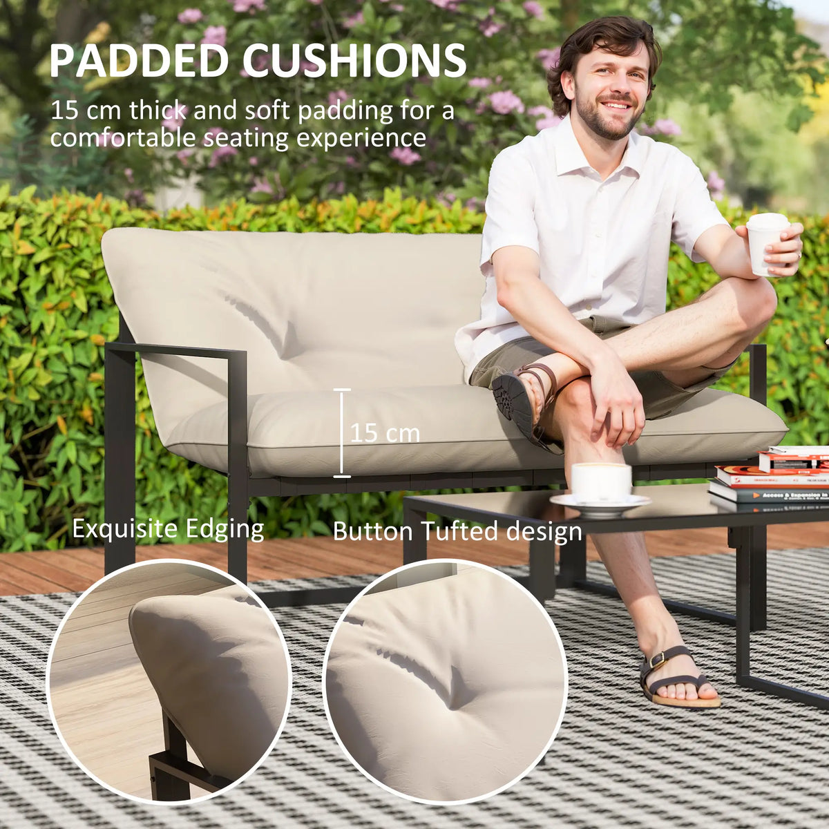Ensemble de mobilier de jardin 4 pièces, salon de jardin avec table en verre trempé, causeuse, 2 chaises et coussins, beige