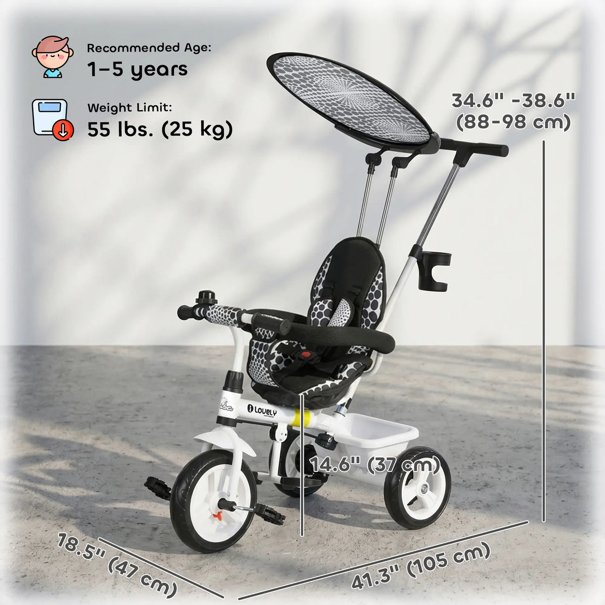 Tricycle enfant 6 en 1 avec guidon et capote amovibles, blanc