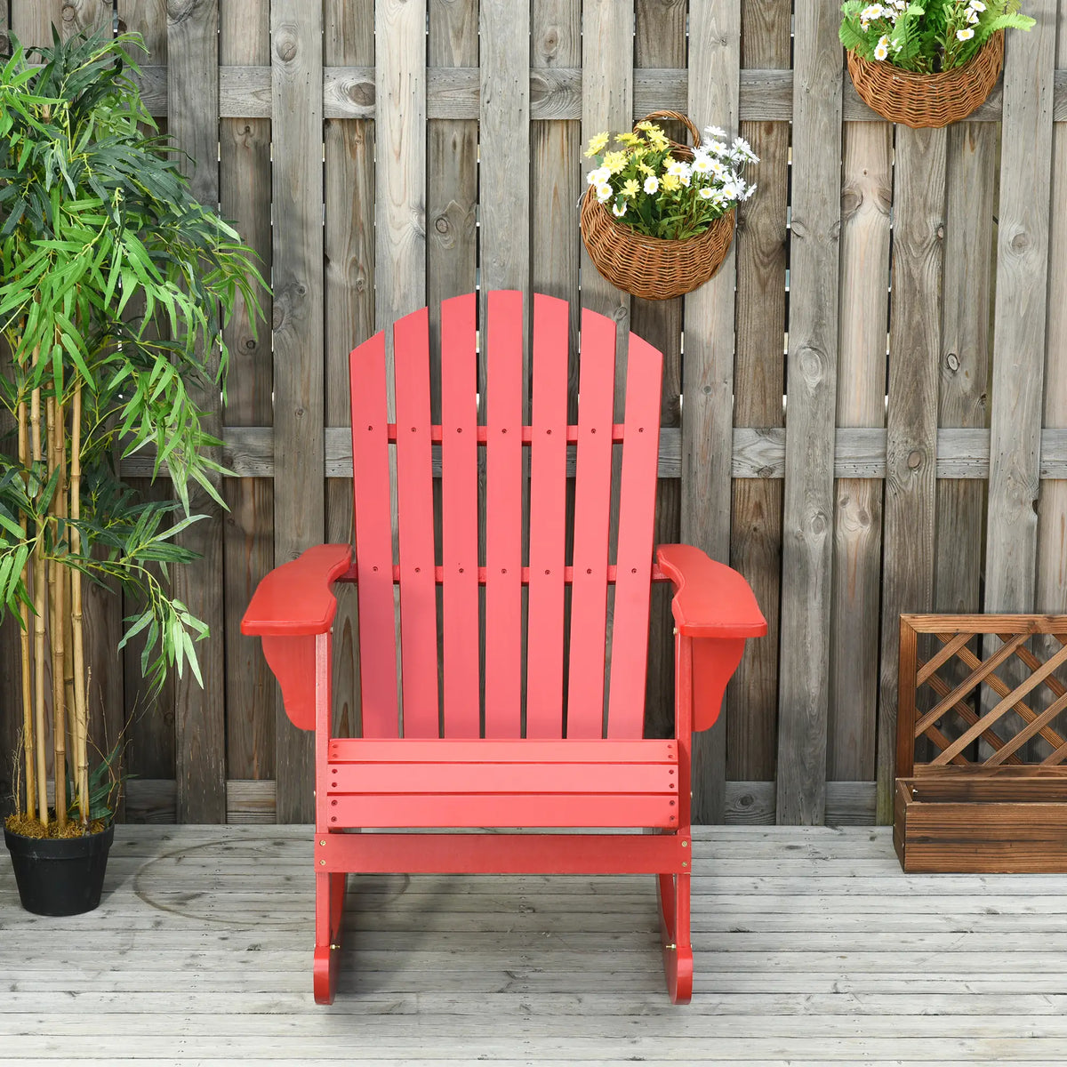 Fauteuil à bascule Muskoka en bois Adirondack, avec dossier en éventail et style rustique classique, rouge.