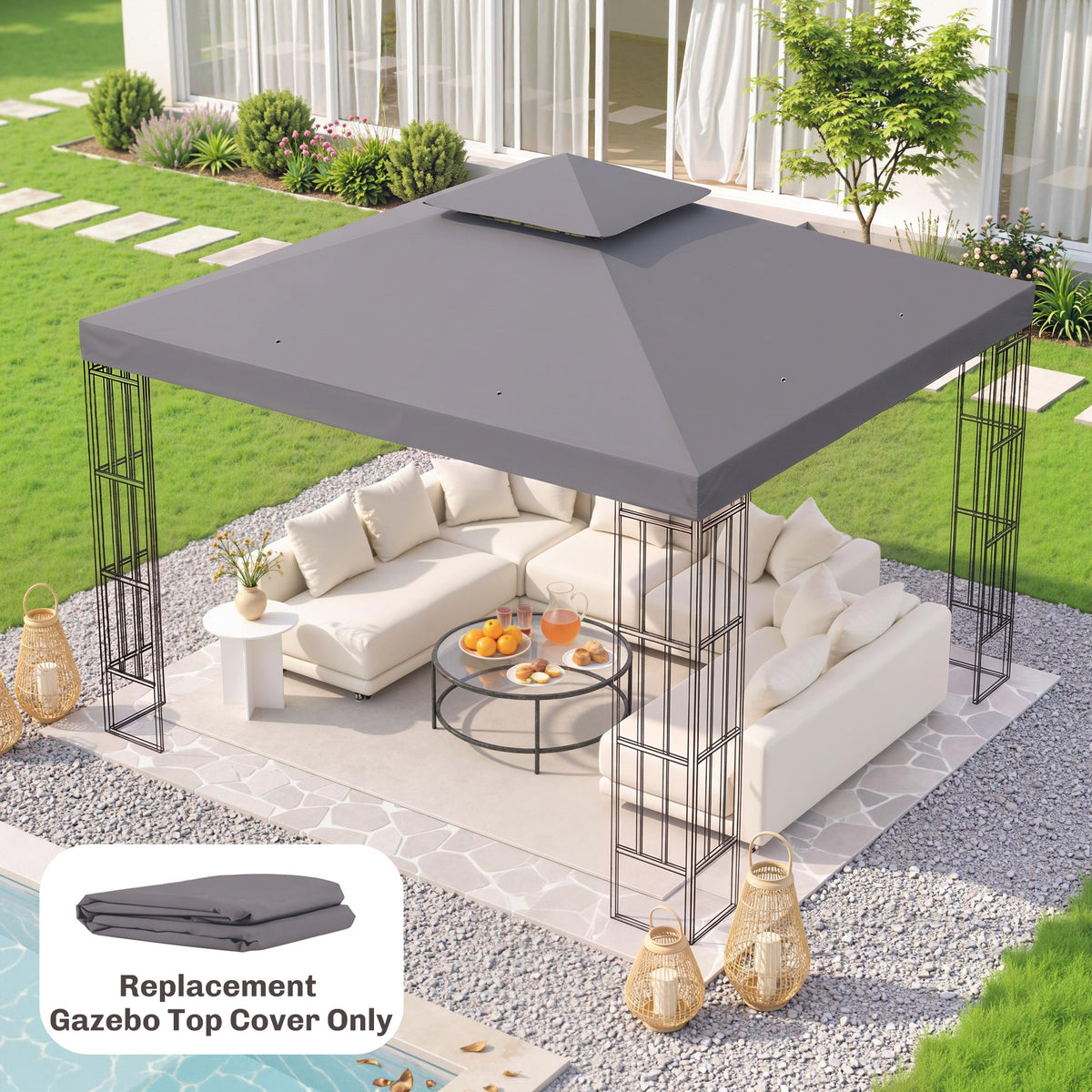 Toit de rechange pour tonnelle carrée à deux niveaux 3 m x 3 m (10 pi x 10 pi), protection solaire extérieure, gris foncé