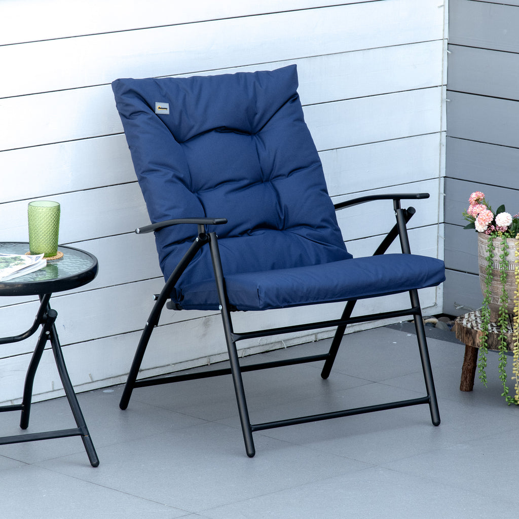 Fauteuil de jardin pliable, inclinable et revêtu de tissu, avec accoudoirs et structure en métal, bleu.