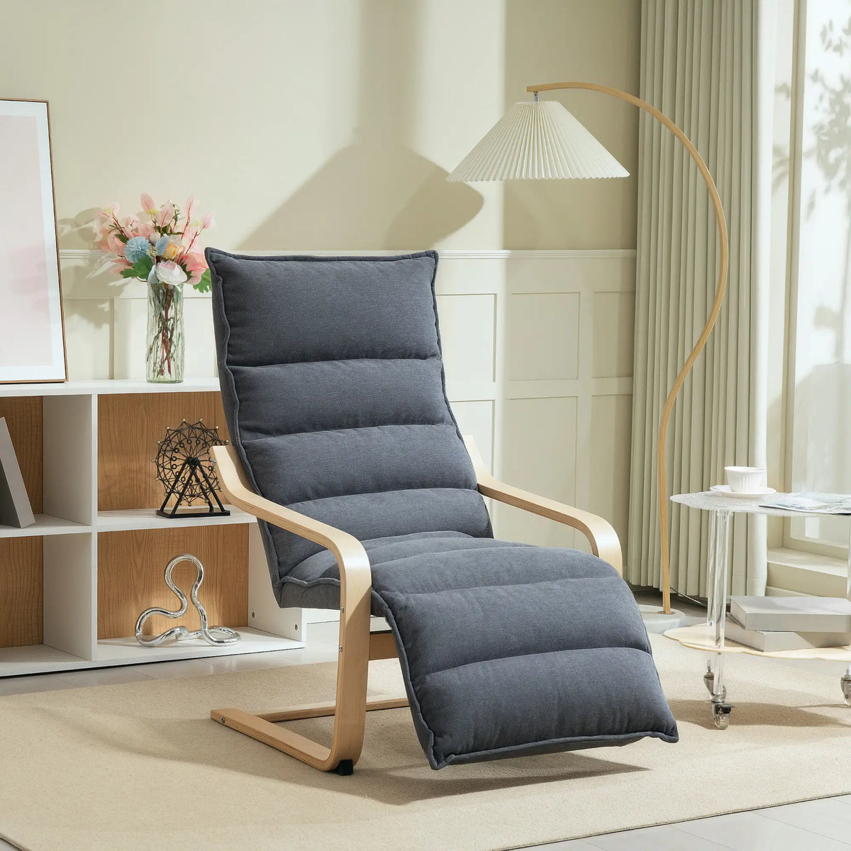 Fauteuil d'appoint, fauteuil de salon recouvert de velours avec repose-pieds, structure en bois, gris foncé