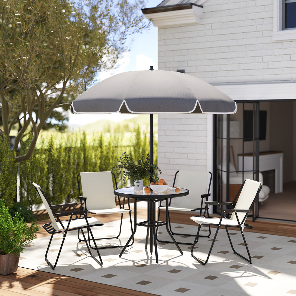 Ensemble de salle à manger de patio 6 pièces avec parasol, chaises pliantes et table en verre pour jardin ou terrasse, blanc crème