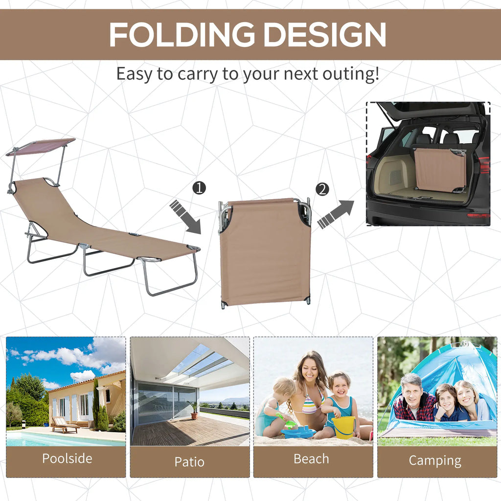 Chaise longue d'extérieur, chaise longue pliante et réglable, avec pare-soleil pour la plage, le camping, la randonnée et le jardin, marron