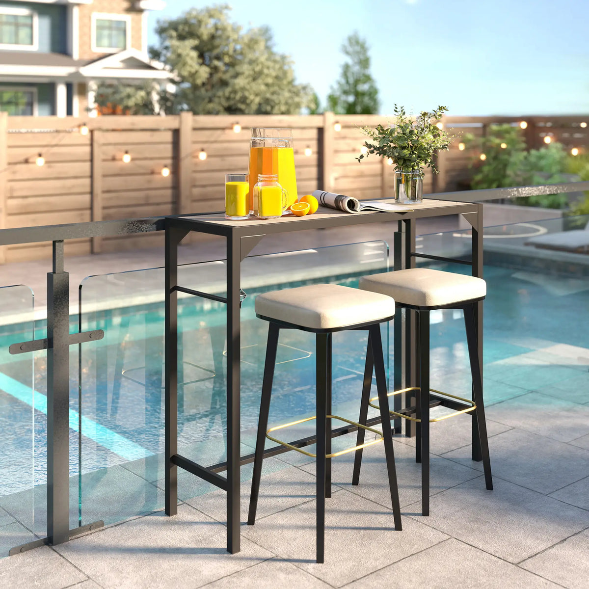 Table de bar d'extérieur avec ouvre-bouteille intégré, plateau en plastique imitation bois, 120 cm x 38 cm x 99 cm