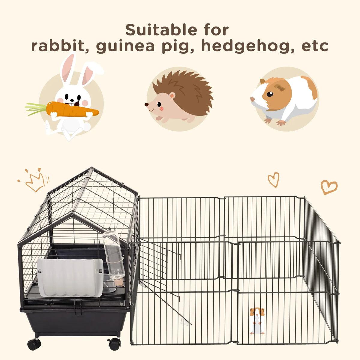 Cage pour cobayes avec parc pliable et amovible, cage à roulettes pour lapins, chinchillas, hérissons et lapins, habitat pour petits animaux avec biberon et mangeoire à foin, 87,6 cm x 128,3 cm x 55,9 cm
