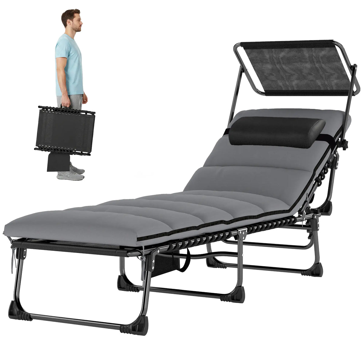 Chaises longues d'extérieur, chaises longues pliantes avec 5 positions réglables, coussin, auvent et poche latérale