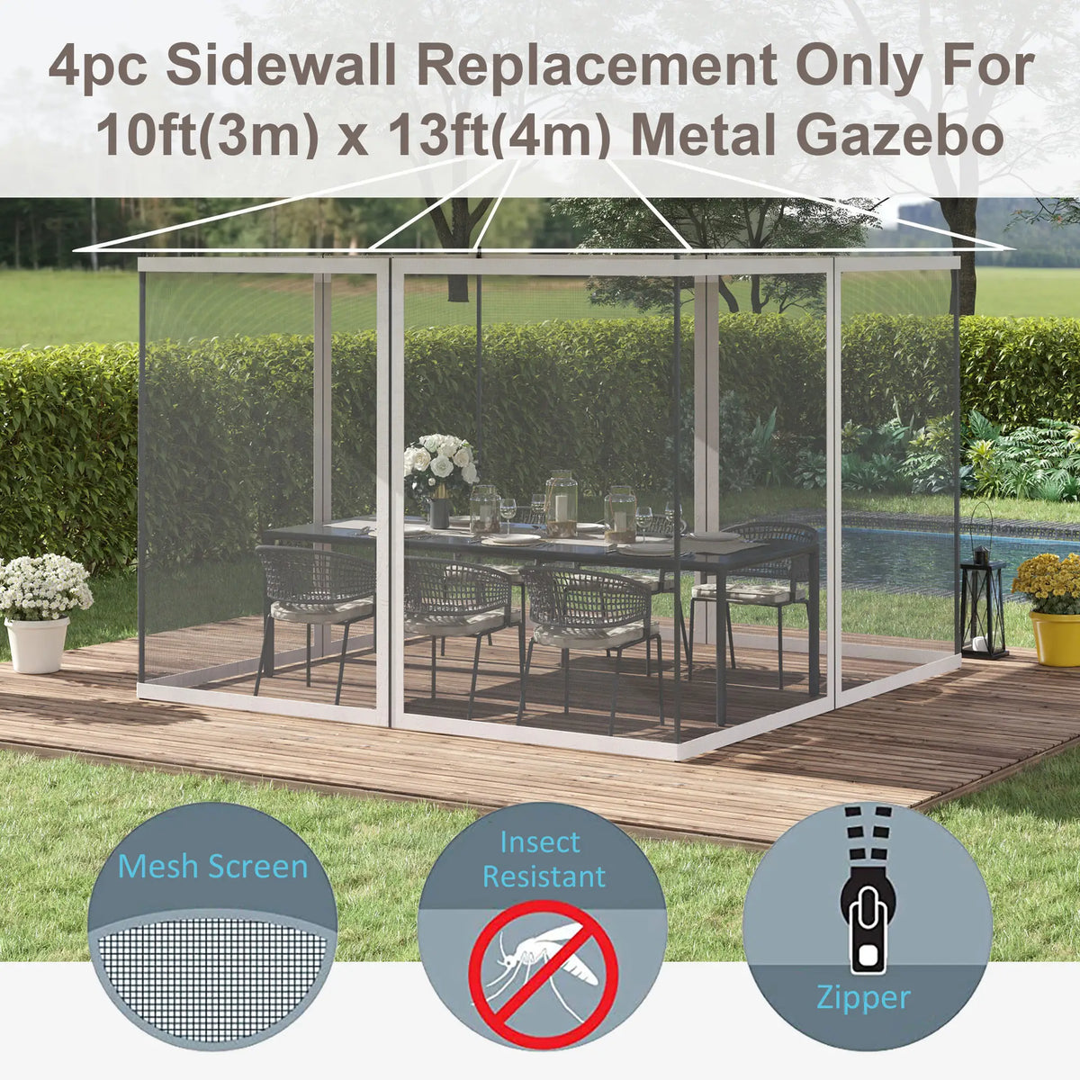 Moustiquaire de rechange pour gazebo 10' x 13', parois en toile noire avec fermetures éclair