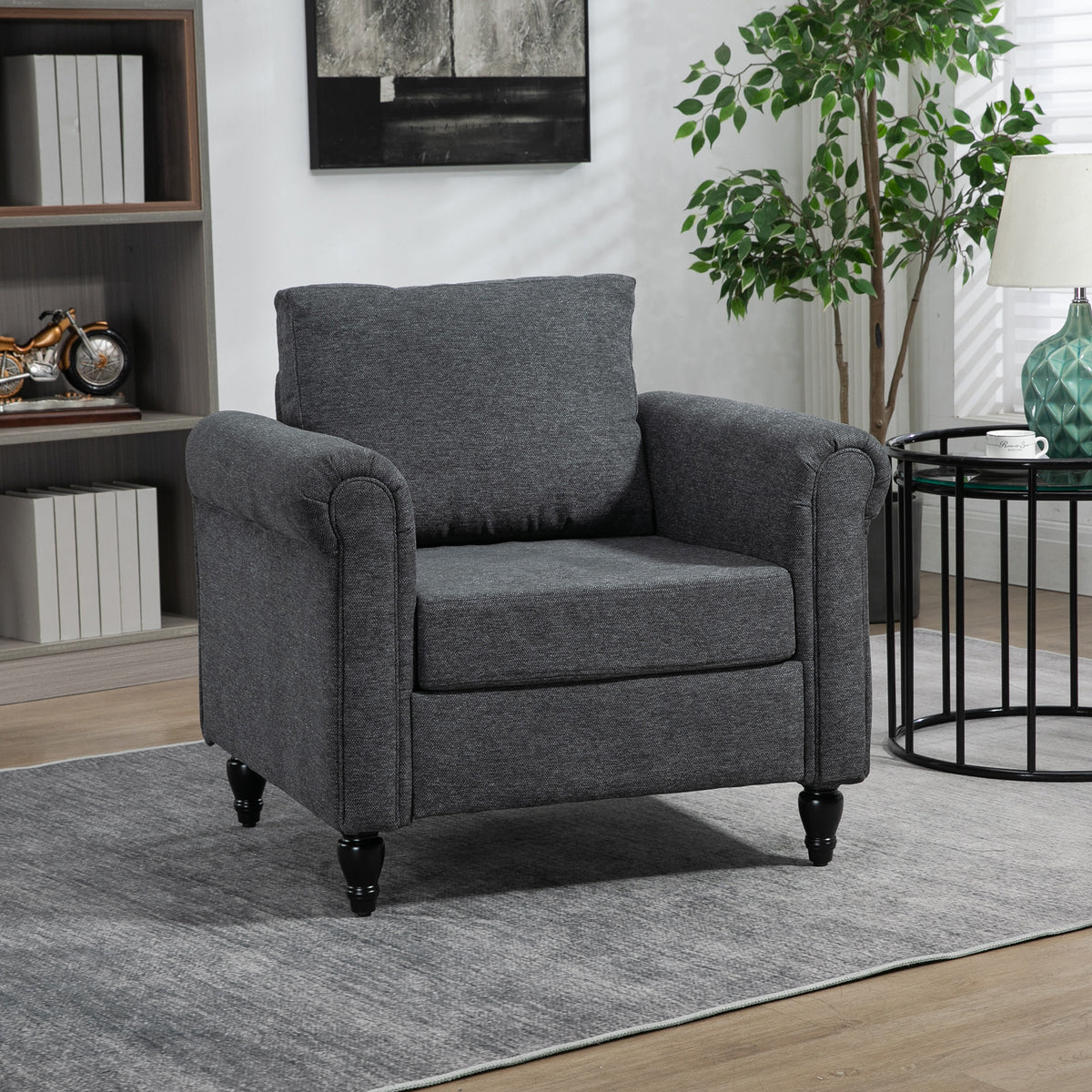 Fauteuil vintage, fauteuil d'appoint rembourré avec accoudoirs arrondis, pieds en bois d'hévéa en forme de gourde, gris foncé