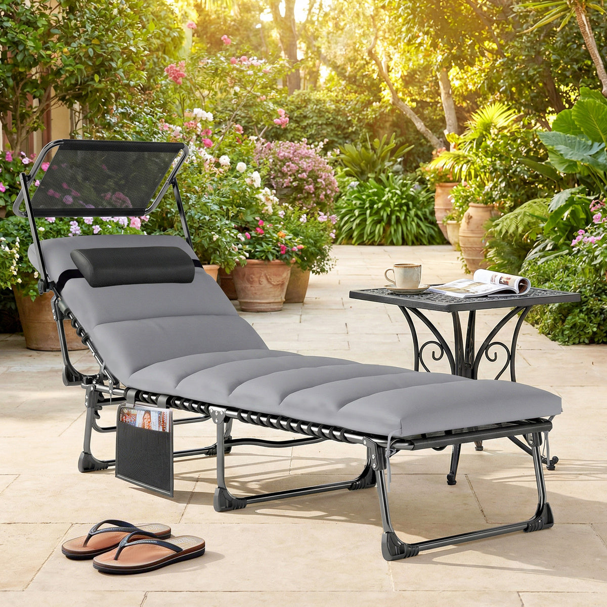 Chaises longues d'extérieur, chaises longues pliantes avec 5 positions réglables, coussin, auvent et poche latérale