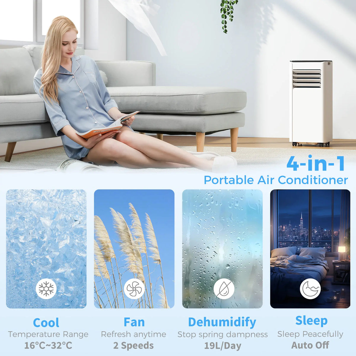 Climatiseur portable 8000 BTU, avec déshumidificateur, ventilateur et télécommande vocale Wi-Fi, pour des pièces jusqu'à 344 pi²
