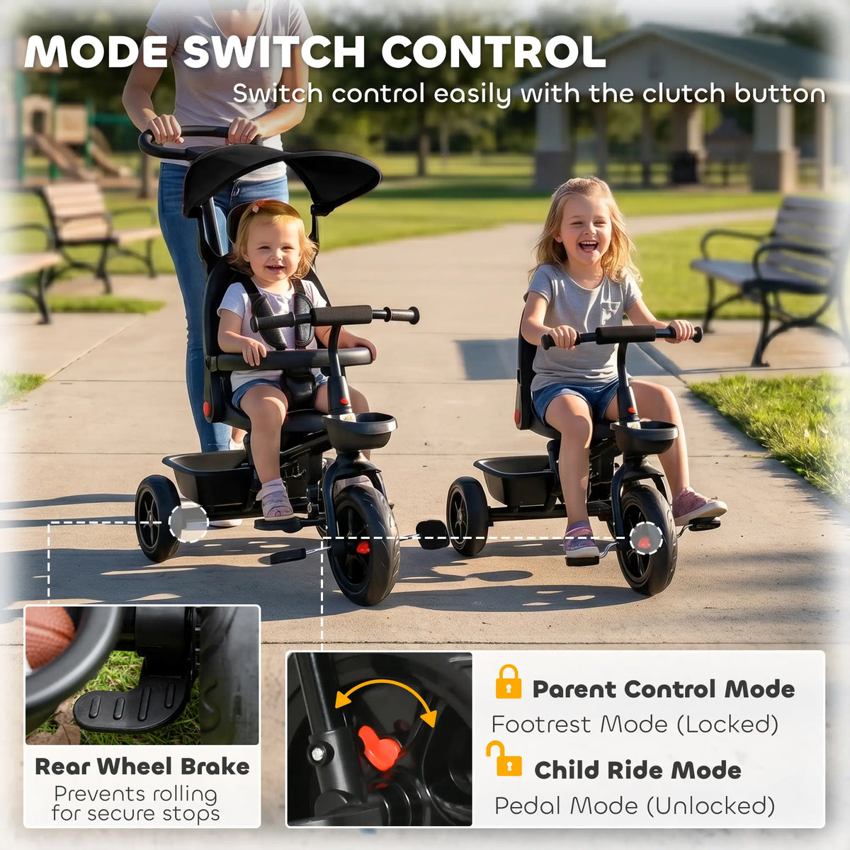 Tricycle 5 en 1 pour enfants de 1 à 5 ans : transforme la poussette en vélo, dossier réglable, capote plate, barre de sécurité et poignée amovibles. Couleur : noir.