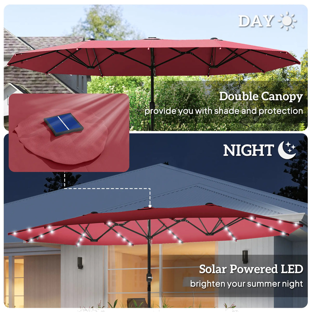 Parasol de jardin double face 173,2" avec lumière solaire LED intégrée, base non incluse, rouge bordeaux
