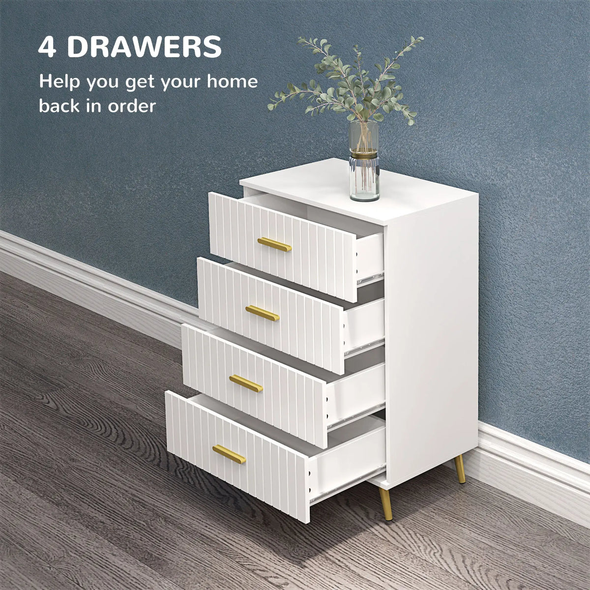 Commode à 4 tiroirs, idéale pour la chambre à coucher, avec pieds en aluminium et poignées dorées, blanche.