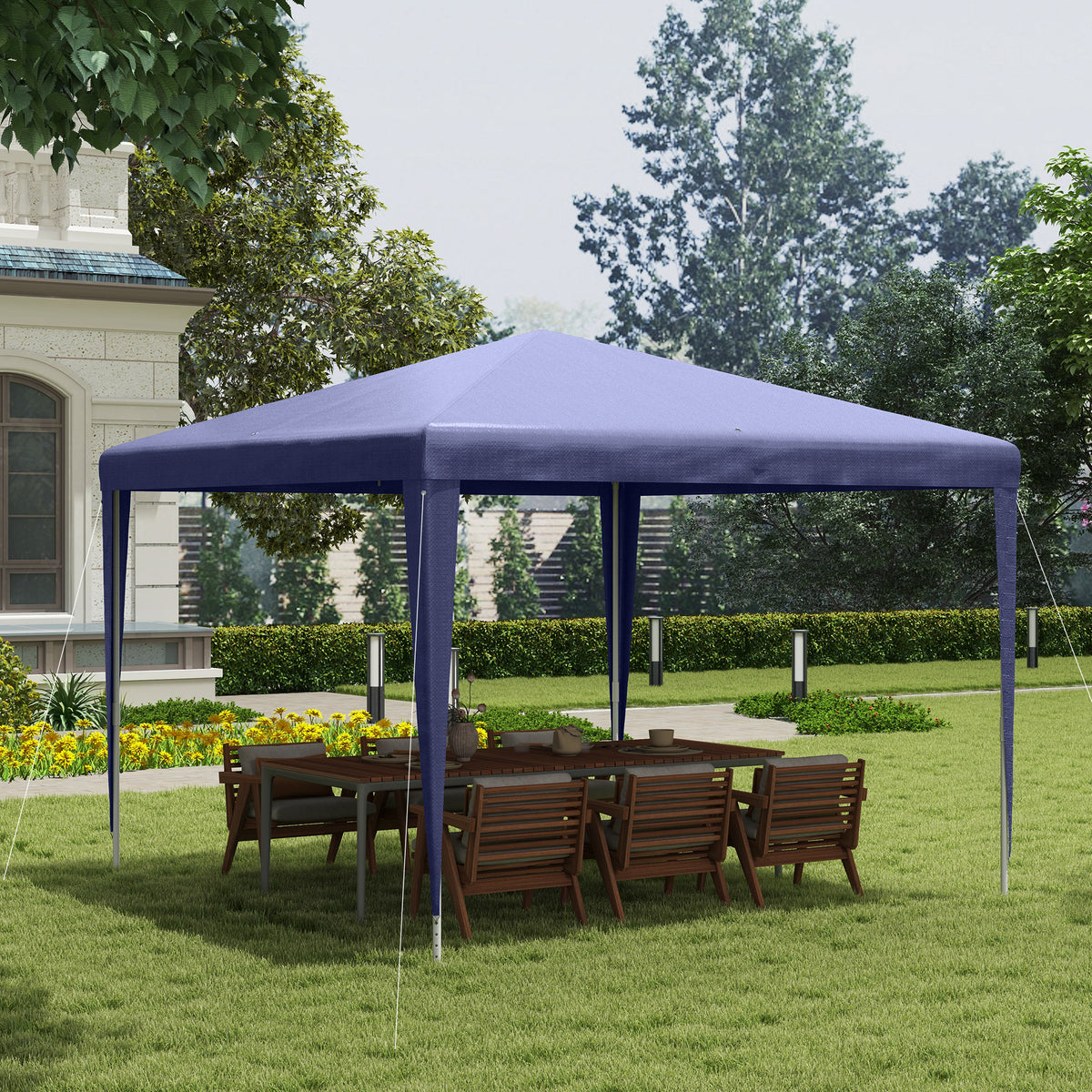 Tente de réception portable 3 x 3 m, tonnelle pliante de jardin, abri événementiel, parasol extérieur bleu foncé