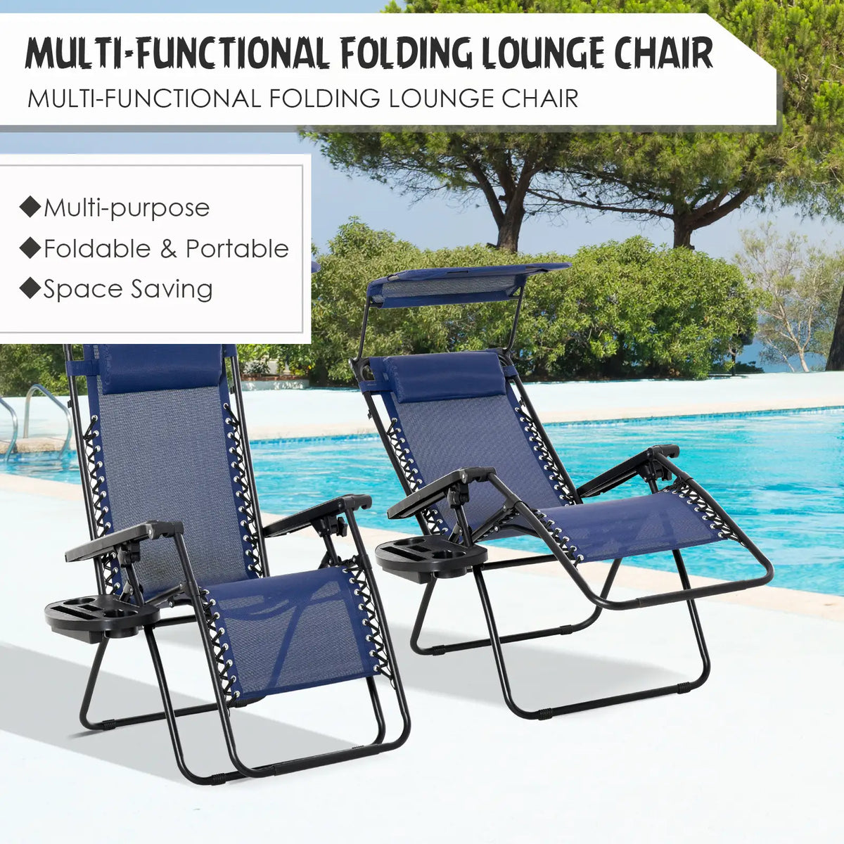 Ensemble de 2 chaises longues Zero Gravity avec auvent, chaise longue pliante d'extérieur avec tablette latérale, porte-gobelet, assise inclinable en maille respirante et coussin, bleu