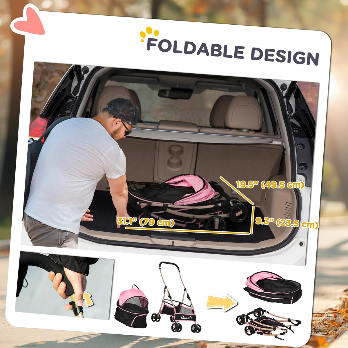 Poussette pour animaux de compagnie à 4 roues, 3 en 1, pliable et idéale pour les petits chiens. Elle est équipée d'un frein, d'une capote, d'un panier et d'un sac de rangement. Couleur : rose.