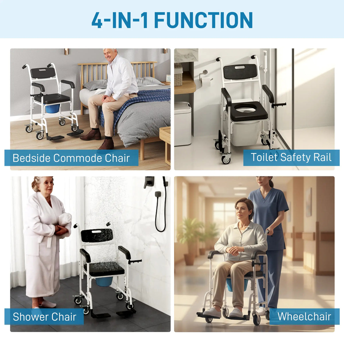Chaise de douche roulante, chaise percée de chevet à roulettes avec dossier, accoudoirs et repose-pieds rabattables pour personnes âgées et personnes handicapées, noire