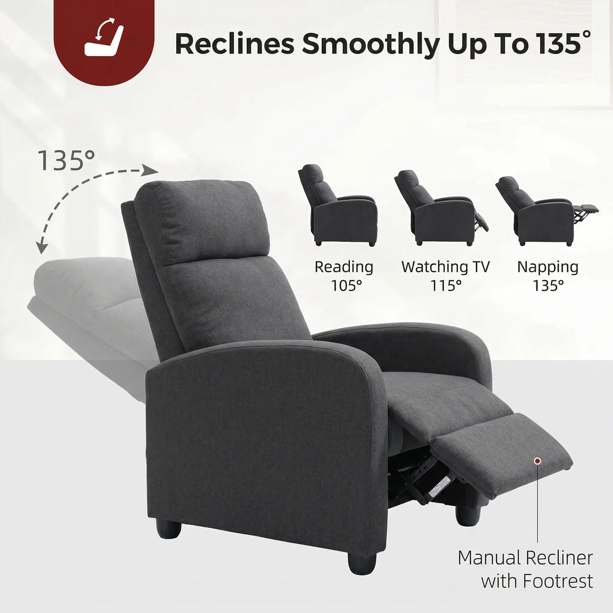 Fauteuil inclinable manuel en tissu, style home cinéma, avec assise rembourrée, pour salon, gris foncé