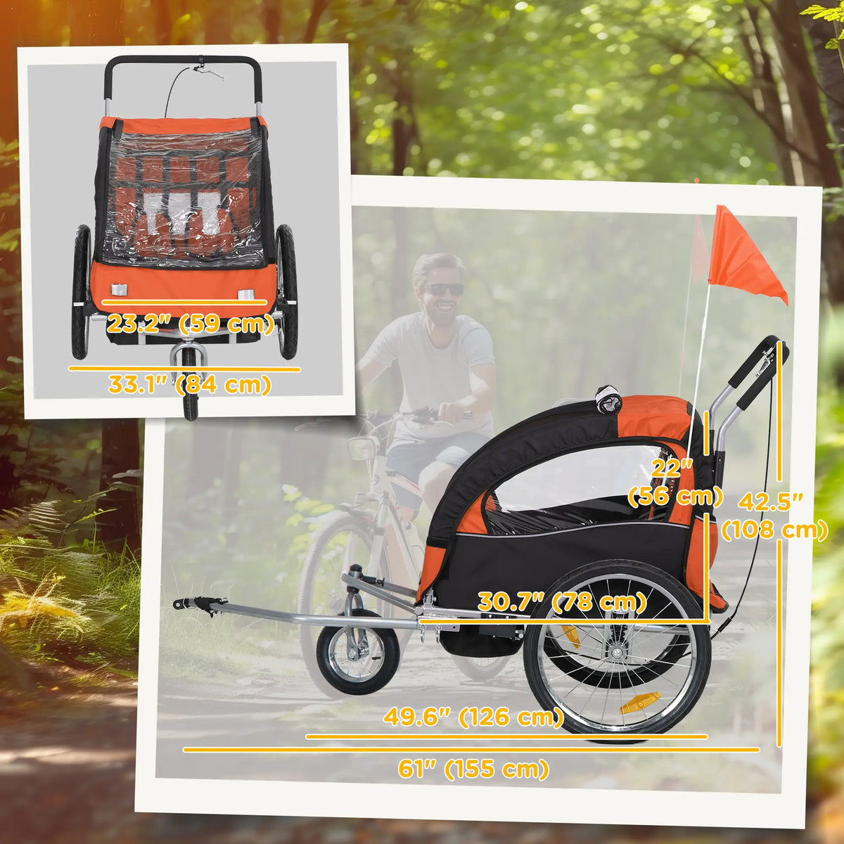 Remorque vélo 2 en 1 pour enfants, poussette pliable 2 places avec harnais 5 points, roues en caoutchouc, sac de rangement, orange