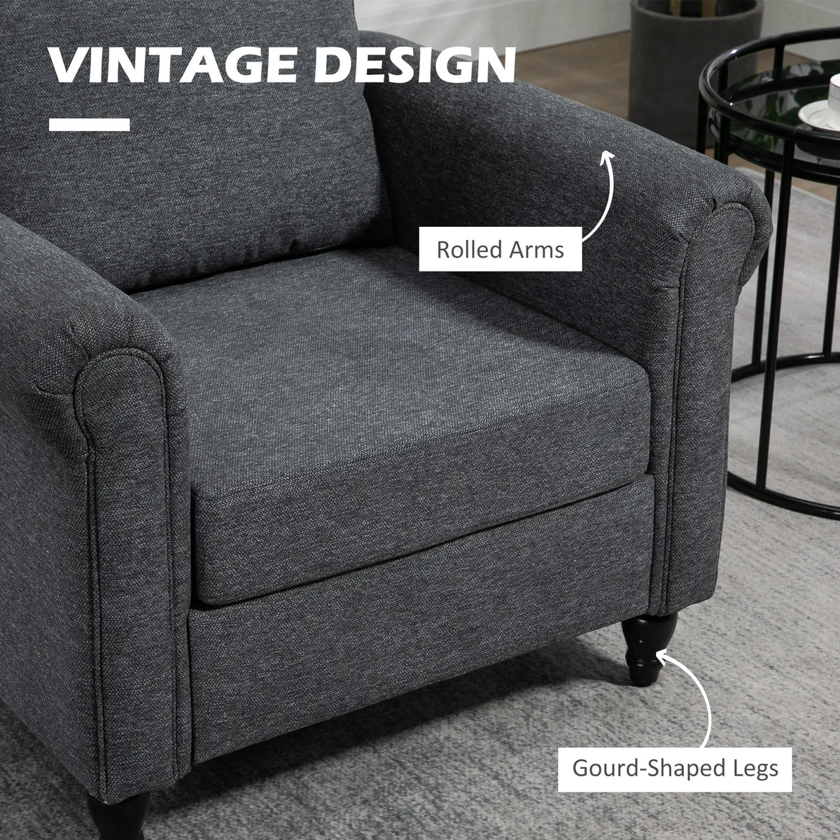 Fauteuil vintage, fauteuil d'appoint rembourré avec accoudoirs arrondis, pieds en bois d'hévéa en forme de gourde, gris foncé
