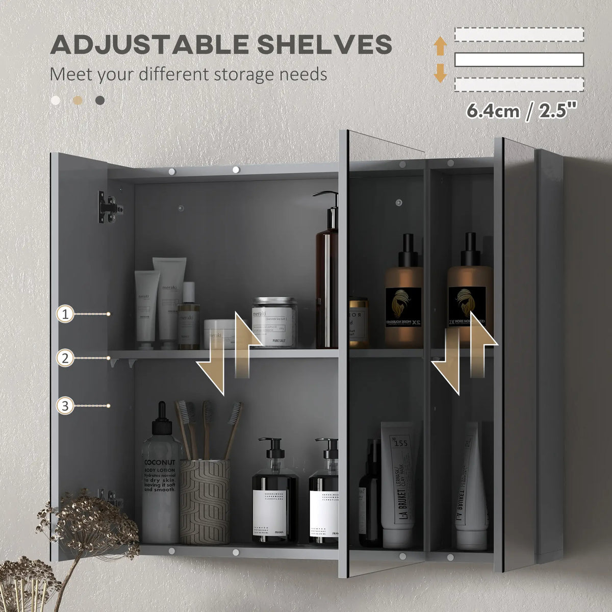 Armoire de salle de bain murale 71 x 61 cm avec miroir, armoire à pharmacie à 3 portes et étagères réglables, grise