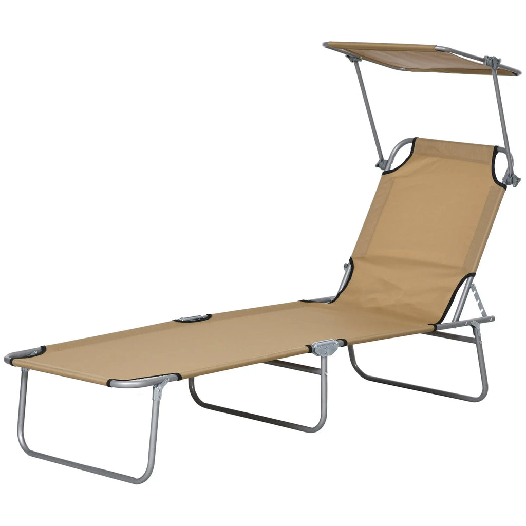 Chaise longue d'extérieur, chaise longue pliante et réglable, avec pare-soleil pour la plage, le camping, la randonnée et le jardin, marron