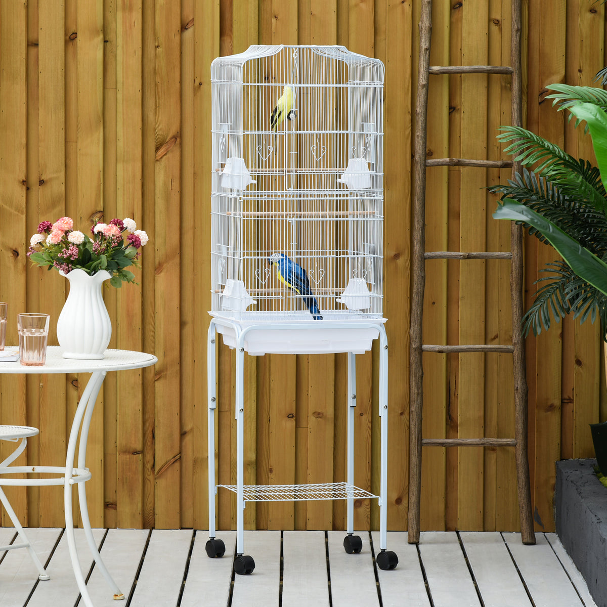 Cage à oiseaux roulante 62" avec étagère de rangement et roulettes - Blanche