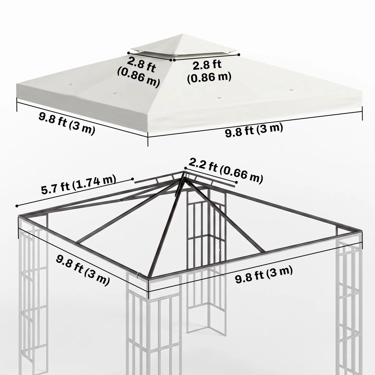 Toit de rechange pour tonnelle carrée à deux niveaux 3 m x 3 m, pare-soleil d'extérieur, blanc crème