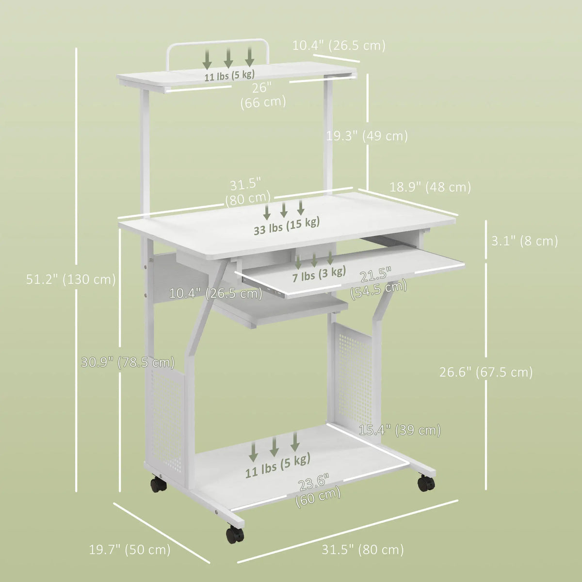 Table d'ordinateur mobile 32", bureau à roulettes pour bureau à domicile avec plateau pour clavier, étagères de rangement, roulettes, blanche