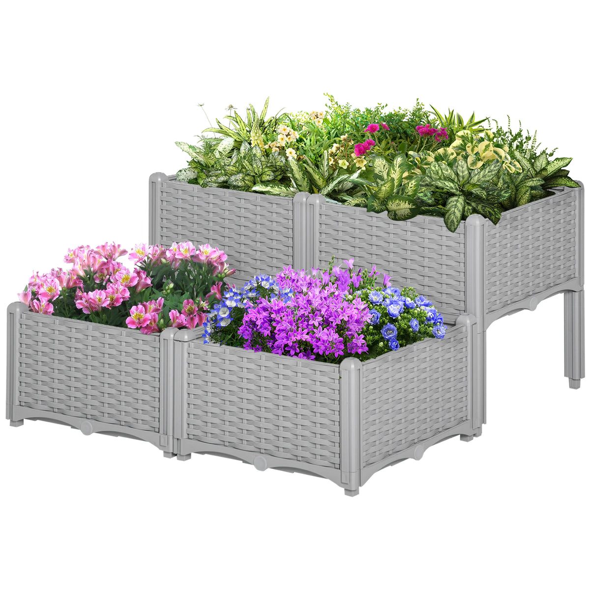 Potager surélevé 4 pièces en PP, support pour fleurs, légumes et herbes aromatiques, gris