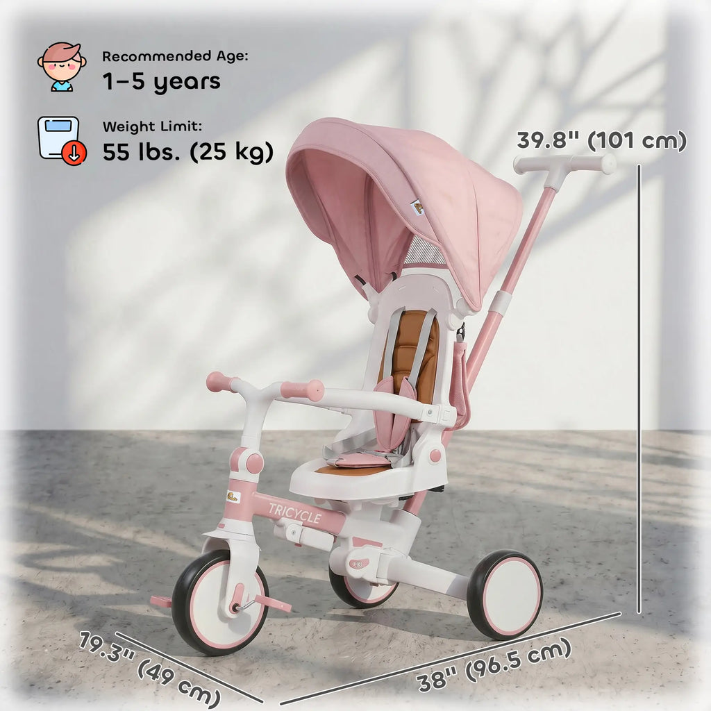 Tricycle 7 en 1 pour tout-petits avec harnais de sécurité, poignée parentale réglable et amovible, capote, sac de rangement et frein, rose