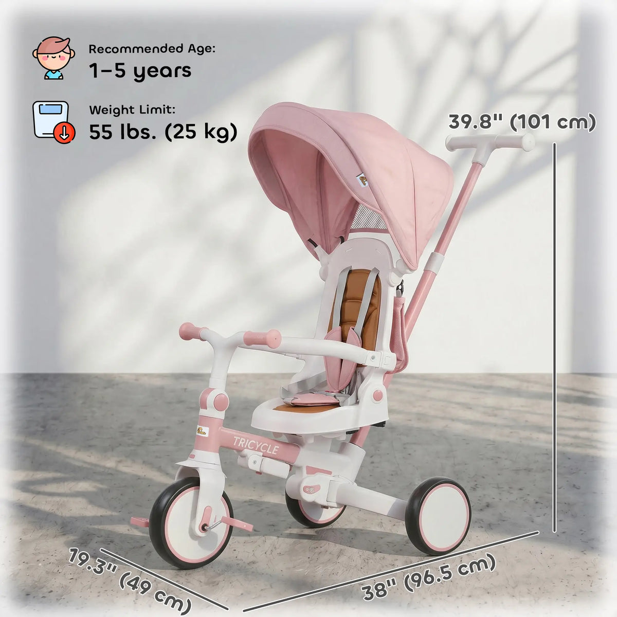 Tricycle 7 en 1 pour tout-petits avec harnais de sécurité, poignée parentale réglable et amovible, capote, sac de rangement et frein, rose