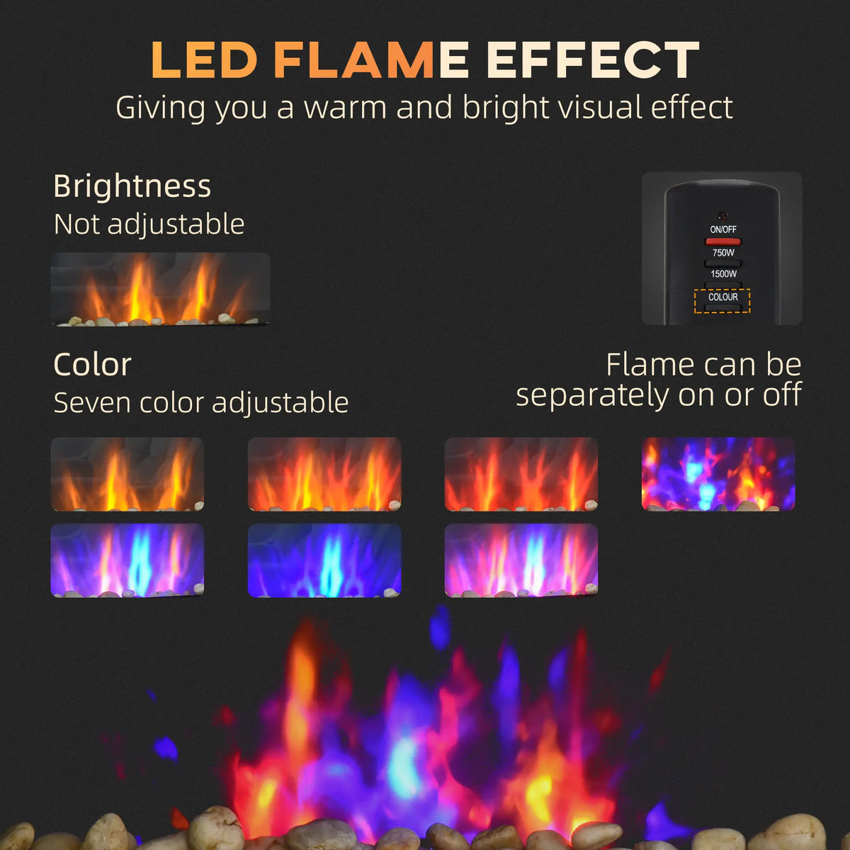 Cheminée murale, cheminée électrique moderne de 72,4 cm (28,5 pouces) avec effet de flamme LED breveté et 9 couleurs, noire