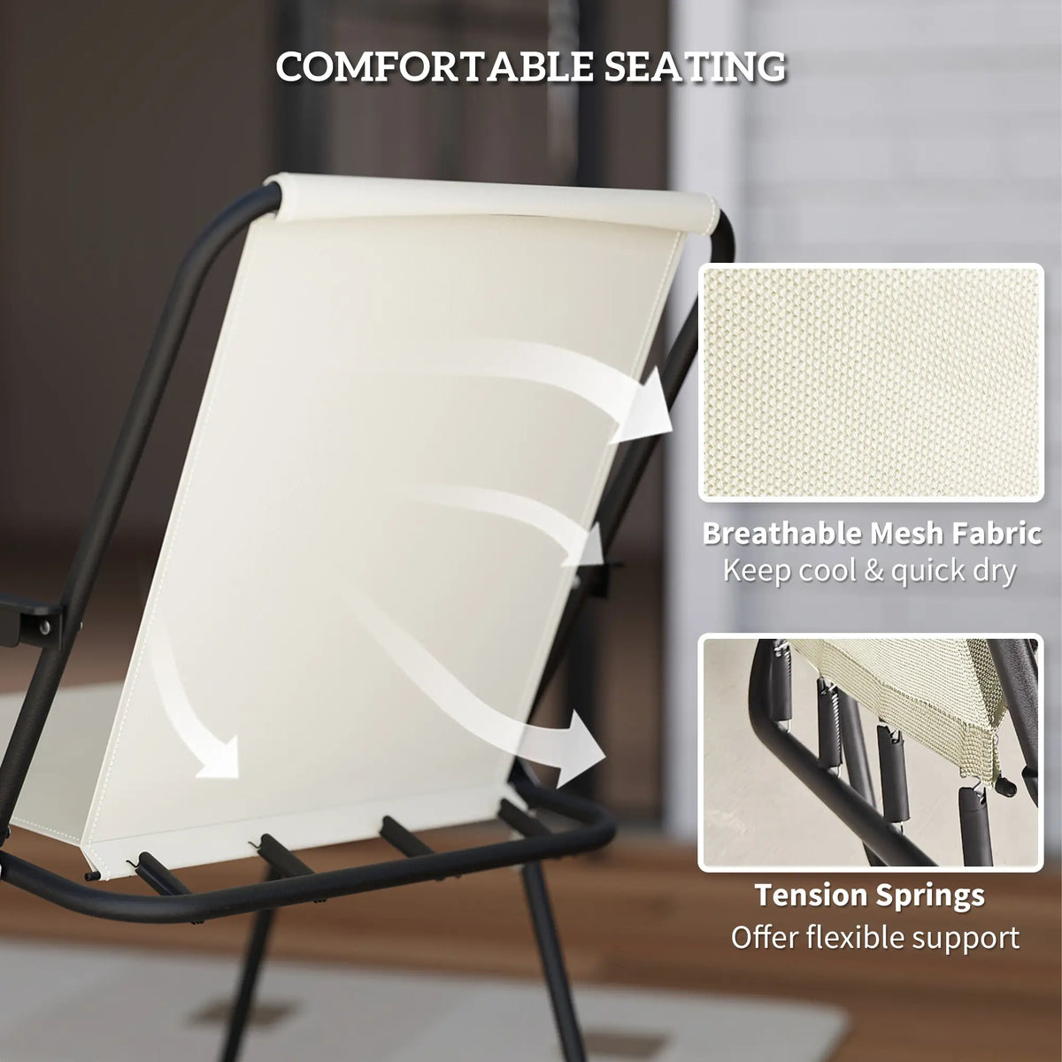Ensemble de salle à manger de patio 6 pièces avec parasol, chaises pliantes et table en verre pour jardin ou terrasse, blanc crème