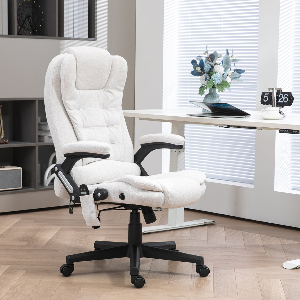 Fauteuil de bureau massant inclinable, fauteuil de direction avec dossier haut et roulettes pivotantes, blanc