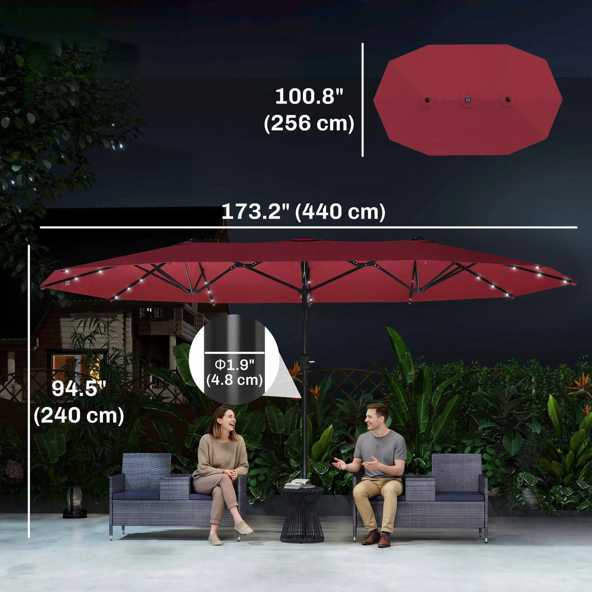 Parasol de jardin double face 173,2" avec lumière solaire LED intégrée, base non incluse, rouge bordeaux