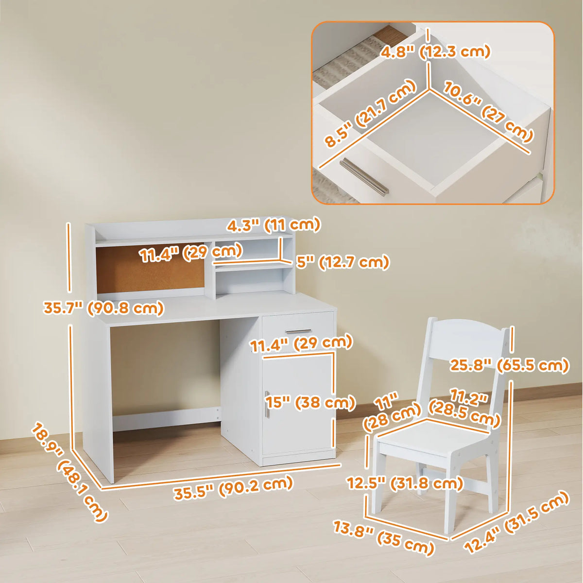 Ensemble bureau et chaise pour enfants, table et chaise d'étude avec rangements (étagère, tiroir, armoire, compartiments, tableau en liège).