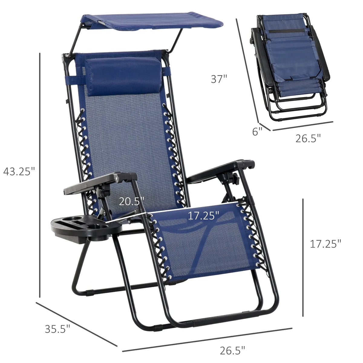 Ensemble de 2 chaises longues Zero Gravity avec auvent, chaise longue pliante d'extérieur avec tablette latérale, porte-gobelet, assise inclinable en maille respirante et coussin, bleu