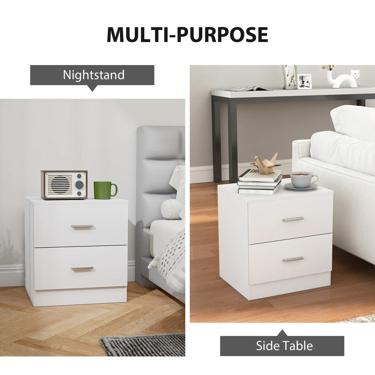 Table de chevet à 2 tiroirs, table de nuit moderne pour chambre à coucher, blanche