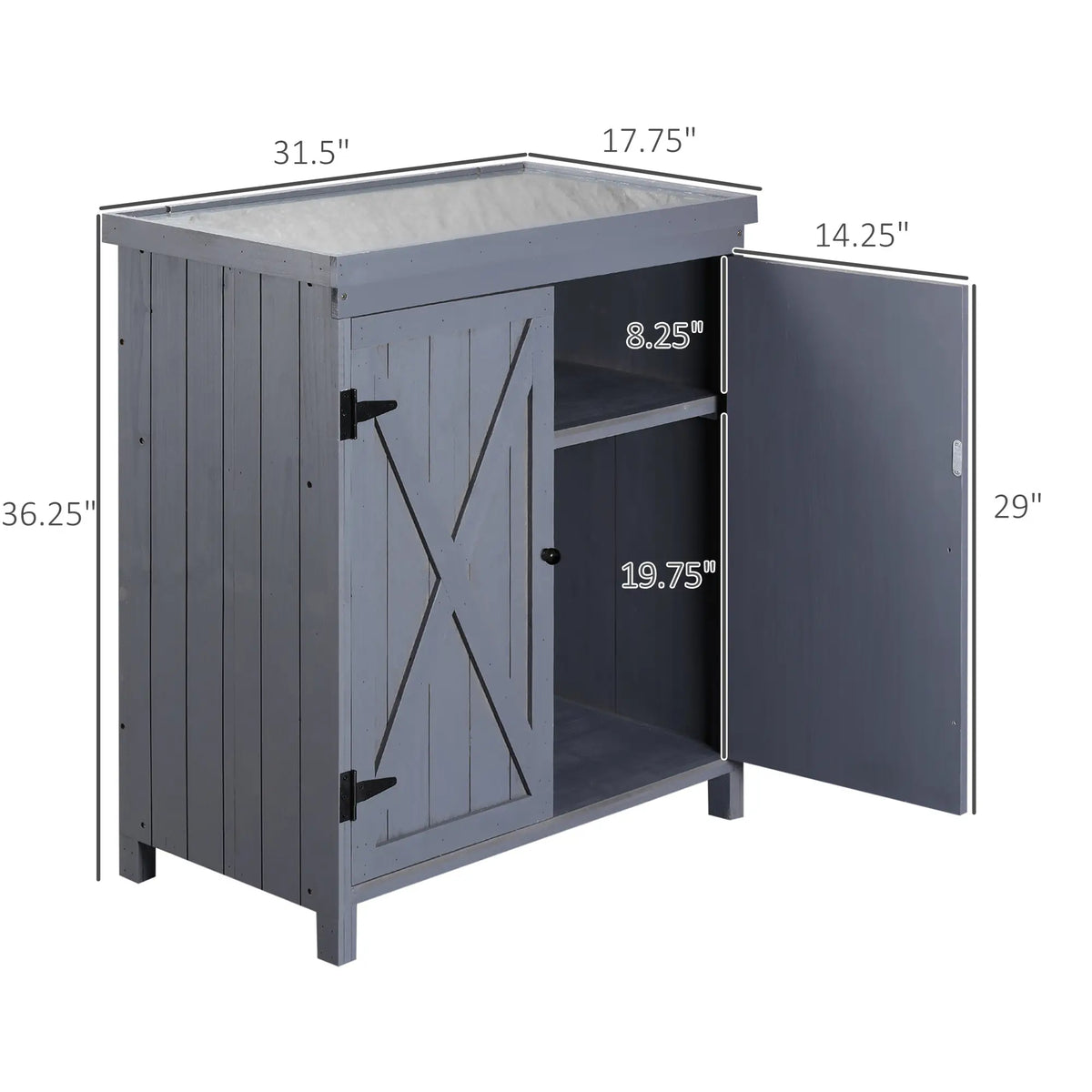 Armoire de rangement de jardin, abri de jardin avec plateau galvanisé et deux étagères pour outils de jardin ou accessoires de piscine, gris